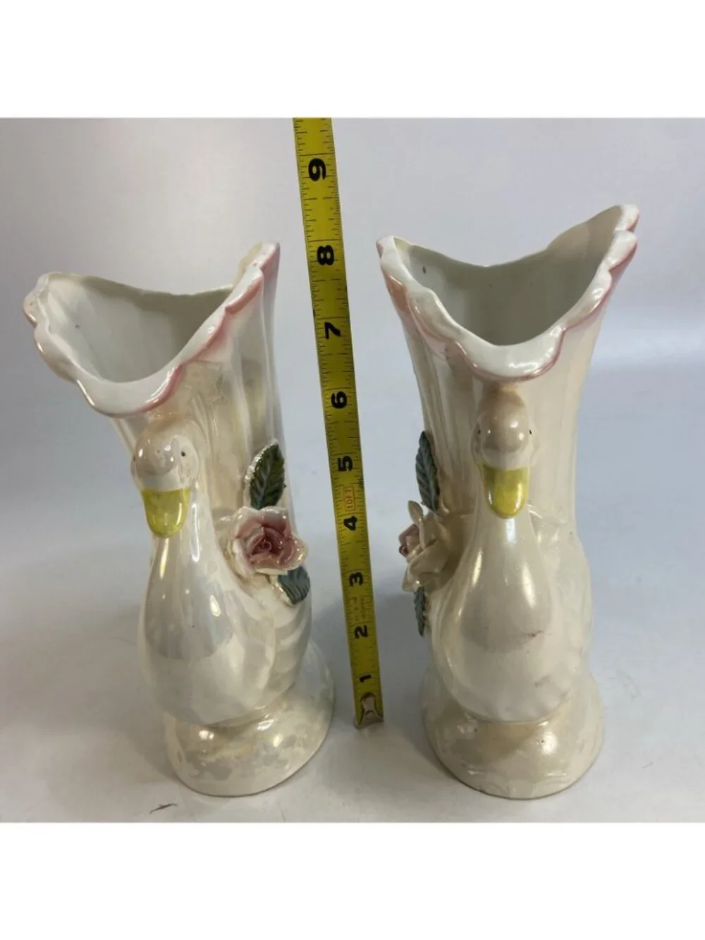 2 Sophia Ann Swan Flower Vase Pearled Iridescent Pink White Floral 8 x5in Taiwan